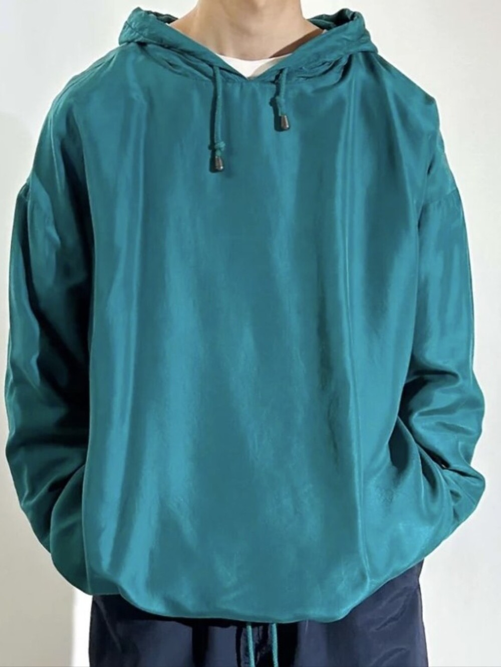 Venezia Silk Teal Hooded Pullover Shirt 90s Vintage